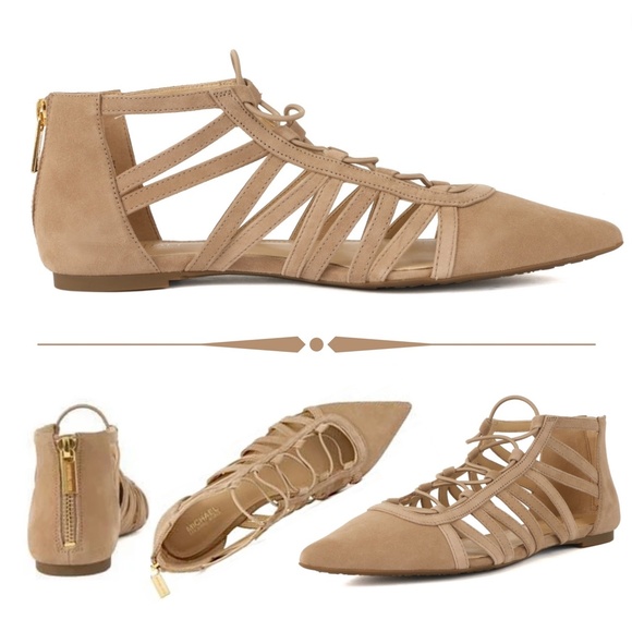 Michael Kors Clarissa Nude Suede Flat Sandal Leather Pointed Toe Slide Flats 7.5 - Picture 2 of 12